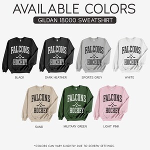May include: A range of Gildan 18000 sweatshirts in colours such as black, dark heather, sports grey, white, sand, military green, and light pink. Each sweatshirt displays the text "FALCONS HOCKEY" in a two-line design.