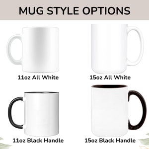 May include: Four white ceramic mugs with black handles. The mugs are arranged in two rows of two. The top row shows a 11oz all white mug and a 15oz all white mug. The bottom row shows a 11oz mug with a black handle and a 15oz mug with a black handle.