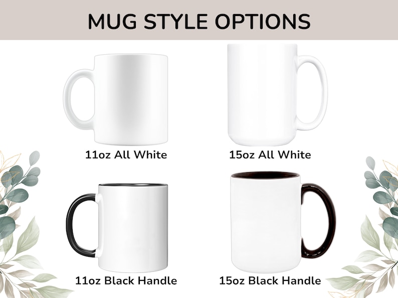 May include: Four white ceramic mugs with different styles. Two mugs are 11 ounces and two mugs are 15 ounces. The mugs are all white except for two mugs that have black handles.
