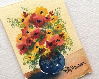 Fleurs de janvier, une peinture florale aquarelle originale de l'artiste Rita Squier - Taille 2,5 x 3,5 pouces ACEO