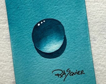 Goutte de rosée bleu turquoise, aquarelle originale de l'artiste Rita Squier, alias TheRita - Taille 2,5 x 3,5 pouces ACEO