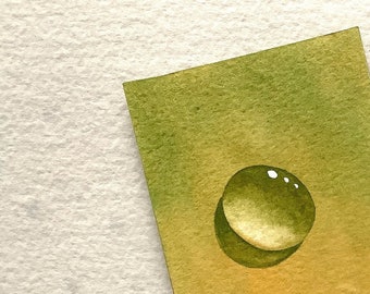 Cool Citrine Drop an Original Watercolor Dew Drop Painting by Rita Squier Size 2.5x3.5 inches aceo