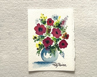 Bouquet de bouquets de fleurs, une aquarelle originale de l'artiste Rita Squier - Taille 2,5 x 3,5 pouces ACEO