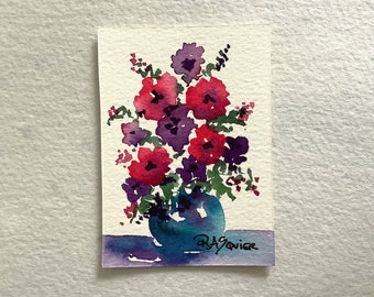 Bouquet Pick Me Up une peinture florale aquarelle originale par l'artiste Rita Squier - Taille 2,5 x 3,5 pouces ACEO