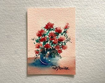 Roses rouges, une peinture florale aquarelle originale de l'artiste Rita Squier - Taille 2,5 x 3,5 pouces ACEO