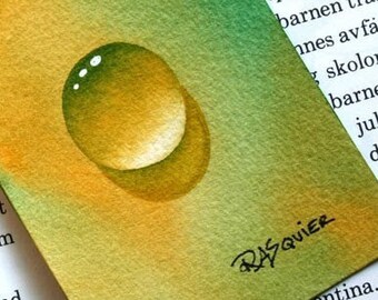 Mango Drop une peinture aquarelle originale de la série Dew Drop par l'artiste Rita Squier aka TheRita - Taille 2,5 x 3,5 pouces aceo