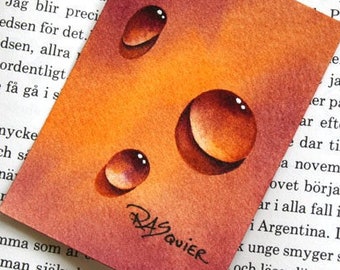 Persimmony Drops an Original Watercolor Dew Drop Painting by Artist Rita Squier - Size 2.5x3.5 inch aceo