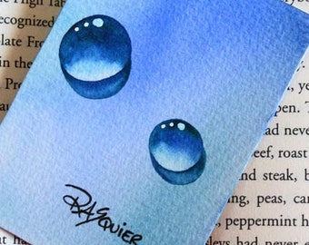 Gouttes de pluie bleues, peinture originale de gouttes de rosée à l'aquarelle de l'artiste Rita Squier, alias TheRita - Taille 2,5 x 3,5 pouces ACEO