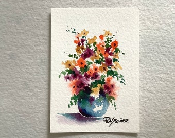 Bouquet Meilleurs voeux une aquarelle originale de fleurs par l'artiste Rita Squier - Taille 2,5 x 3,5 pouces aceo