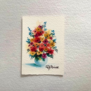 Lil Button Flowers an Original Watercolor Floral Painting by Artist Rita Squier Size 2.5x3.5 inch ACEO image 1