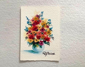 Lil Button Flowers, une peinture florale aquarelle originale de l'artiste Rita Squier - Taille 2,5 x 3,5 pouces ACEO