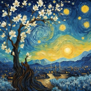 Puede incluir: Una pintura al estilo de Vincent van Gogh, que representa un cerezo en flor en primer plano, con un cielo nocturno en espiral y una ciudad en el fondo. El cielo es de un azul vibrante con remolinos amarillos y un sol amarillo brillante. La ciudad es una silueta oscura con luces.