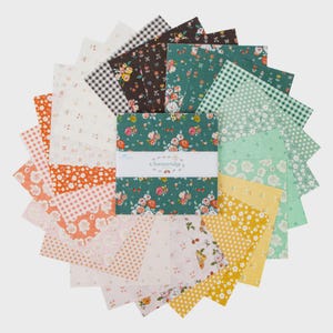 May include: A collection of fabric squares arranged in a circular pattern. The squares feature various floral and geometric patterns in shades of orange, pink, green, yellow, and brown. The center squares are wrapped with a band that reads "Sunseridge".