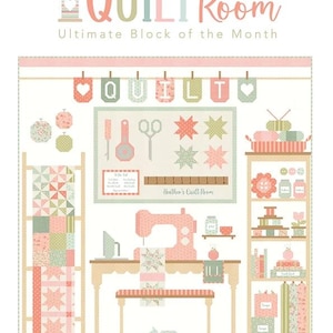 Può includere: Illustrazione decorativa di una stanza per trapunte, con una macchina da cucire, scaffali con forniture per trapuntatura e vari blocchi di trapunte. Il testo "QUILT Room" e "Ultimate Block of the Month" sono visualizzati in alto. La frase "Create the quilt room of your dreams!" è in basso.