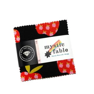 May include: A stack of 42 fabric squares, 2.5 inches each, featuring a black background with a red and pink apple pattern. The fabric is wrapped with a label that reads "mystic fable" and "Ruby Star Society".