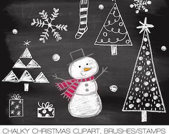 黒板落書きクリスマス デジタル クリップアート、Photoshop ブラシとスタンプ。すぐにダウンロードできます。個人および限定的な商用利用が可能です。