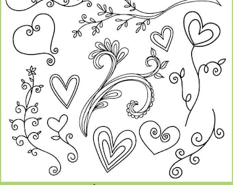 落書きハートと枝。すぐにダウンロードできます。手描き画像 12 枚。個人使用、限定商用利用可。