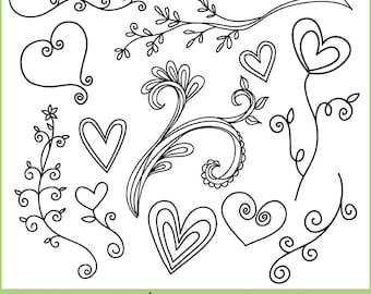 Doodle Hearts & Branches. Instant Download. 12 Hand Drawn Images. Personal, limited commercial use.