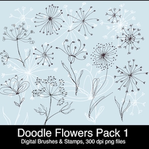 Digital Photoshop Brushes and Stamps, Instant Download. Doodle Flowers Digital Clipart Pk.1 Personal, limited commercial.
