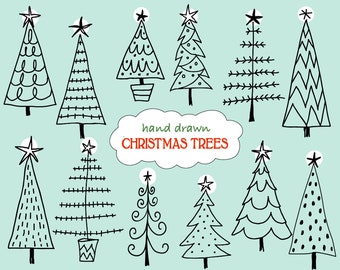 Doodle Christmas Trees Digital Clipart, Photoshop CS4+ Layered Files, Brushes & Stamps. Instant Download. Personal, Limited Commercial Use.