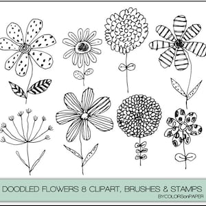 Doodled Flowers Digital Clipart, Photoshop Brushes & Stamps. Instant Download. Personal and Limited Commercial Use.