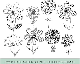Doodled Flowers Digital Clipart, Photoshop Brushes & Stamps. Instant Download. Personal and Limited Commercial Use.