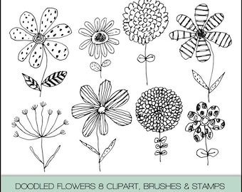 落書きされた花のデジタル クリップアート、Photoshop ブラシとスタンプ。すぐにダウンロードできます。個人および限定的な商用利用が可能です。
