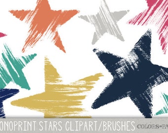 Handmade Monoprint Stars Clipart, Textured Digital Brushes and Stamps. Png files.  Personal and Limited Commercial Use.