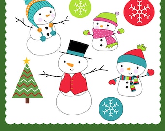 Christmas Digital Clipart, Cute Snow Family with tree and snowflakes. Instant Download.. Personal and Limited Commercial Use.