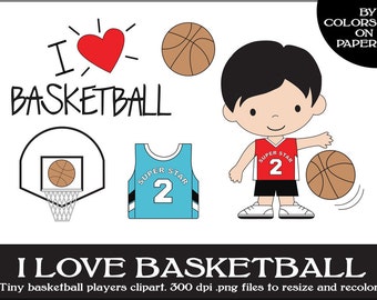 Little Basketball Players Digital Clipart with Uniforms, Numbers and Equipment in Assorted Colors. Create your Team Cards.