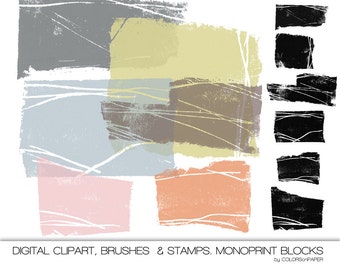 Monoprint Digital Clipart, Photoshop-penslar, stämplar och masker. Direkt nedladdning. Personlig och begränsad användning. Digital scrapbooking.