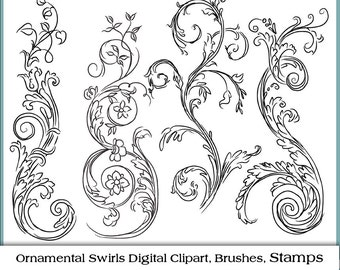 Hand Drawn Swirls Digital Clipart. Floral Clipart. Photoshop Brushes and Stamps. Personal and Limited Commercial Use.