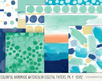 Handmade Watercolor Digital Papers. Abstract Watercolors. Digital Watercolor Art.  Hand Painted. 9 12x12 Papers.