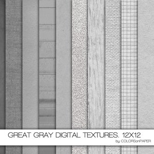 Op de afbeelding: Een verzameling van twaalf grijze digitale texturen, elk met een uniek patroon. Texturen zijn onder meer beton, stof, houtnerf en gestippelde patronen. De tekst "GREAT GRAY DIGITAL TEXTURES. 12x12" wordt onderaan de afbeelding weergegeven.