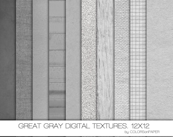 Great Grays Textured Digital Paper Pack. 12x12. Ten Assorted Textures. Digital Scrapbook. Personal and Limited Commercial Use.