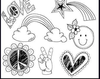 Digital Clip Art, Doodle Peace/Love  Elements. Instant Download. Digital Brushes and Stamps. Personal & Limited Commercial use.