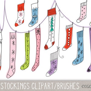 Digital Doodle Christmas Stockings Clipart.  Photoshop Brushes, Stamps. Instant Download. Digital Download.