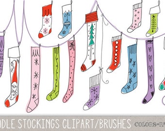 Digital Doodle Christmas Stockings Clipart.  Photoshop Brushes, Stamps. Instant Download. Digital Download.