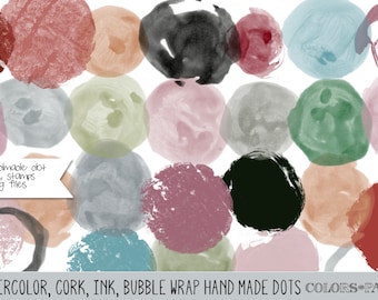 Watercolor, Cork, Ink, and Bubble Wrap Dots Brushes, Stamps and Clipart. Personal and Limited Commercial Use.