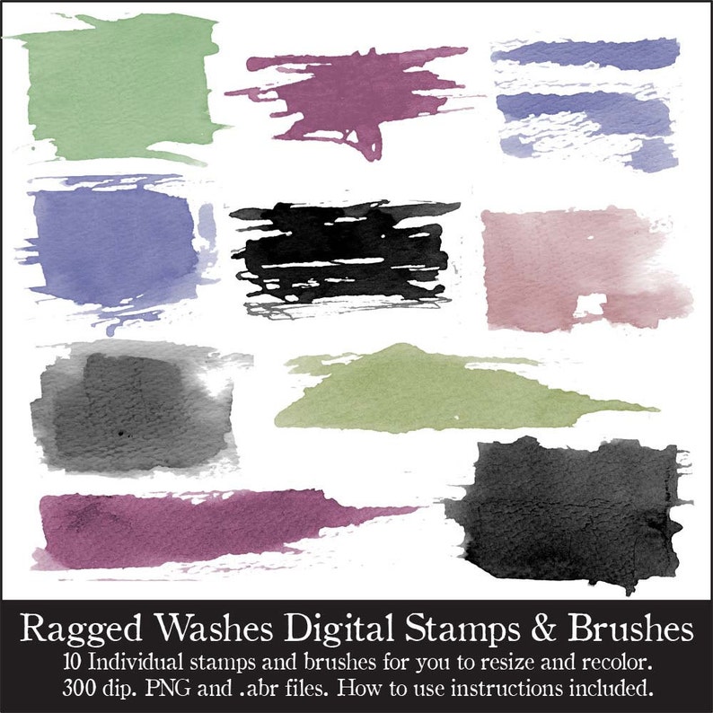 May include: Ten digital watercolor stamps and brushes in various colors, including green, purple, blue, black, and pink. The stamps and brushes are designed to be used for digital art and crafts.
