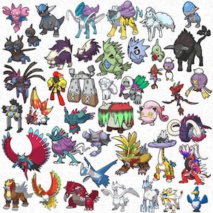 May include: A colorful illustration featuring a variety of cartoon characters, many of which are Pokémon. The characters are depicted in various poses and expressions, with some standing, sitting, or flying. The illustration is set against a white background.