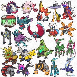 May include: A colorful illustration featuring various Pokemon characters, including a purple and green Pokemon with a large head, a red and green Pokemon with a large head, and a blue and green Pokemon with a large head.