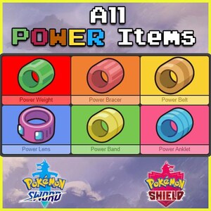 Pode incluir: Uma imagem mostrando seis Itens de Poder da série Pokémon. Cada item, incluindo Power Weight, Bracer, Belt, Lens, Band e Anklet, é exibido em uma cor única contra um fundo contrastante. Os logotipos de Pokémon Sword e Shield também estão presentes.