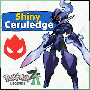 以下が含まれることがあります： ポケモンレジェンズゲームのShiny Ceruledgeキャラクターのデジタルイラスト。キャラクターは主に紫で、青のアクセントと2つの大きな剣のような付属物があります。「Shiny Ceruledge」というテキストが青いボックスに入っています。