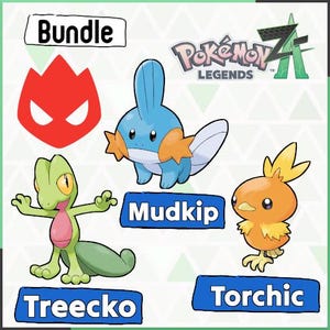 Può includere: Grafica con la parola "Bundle" e il logo "Pokemon Legends Z". Include anche illustrazioni dei Pokémon Mudkip, Treecko e Torchic, ciascuno etichettato con i loro nomi.