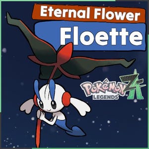 Op de afbeelding: Digitale illustratie van de Floette Pokémon met een wit lichaam, blauwe en rode accenten en een rode bloem. De tekst "Eternal Flower Floette" en het "Pokémon Legends Z" logo staan op een donkerblauwe achtergrond.