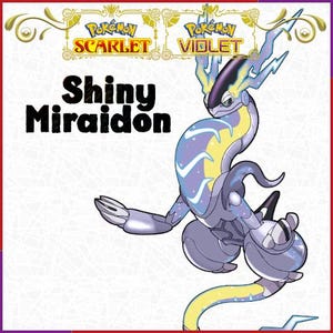 Op de afbeelding: Een gestileerde illustratie van Shiny Miraidon, een Pokémon-personage, in tinten paars, geel en blauw. De afbeelding bevat de tekst "Shiny Miraidon" en de logo's voor Pokémon Scarlet en Violet.