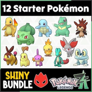Può includere: Grafica con 12 personaggi Pokémon iniziali in un Shiny Bundle. I personaggi sono in vari colori, tra cui giallo, verde, blu e marrone. Il testo "12 Starter Pokémon" e "Shiny Bundle" sono visualizzati.