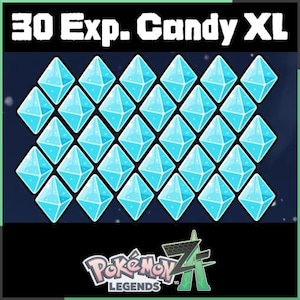 May include: Image features a grid of 30 blue diamond-shaped candies labeled "30 Exp. Candy XL." The candies are a light blue color with a crystalline appearance. The Pokémon Legends Z logo is at the bottom.