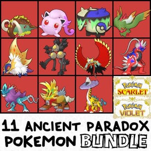Puede incluir: Una cuadrícula de once personajes coloridos de Pokémon Paradoja Antiguos de los videojuegos Pokémon Escarlata y Púrpura. La imagen incluye los títulos de los juegos y el texto "11 Ancient Paradox Pokemon Bundle".